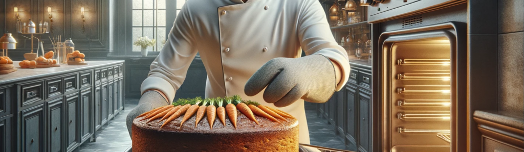chef sacando del horno el queque de zanahoria 
