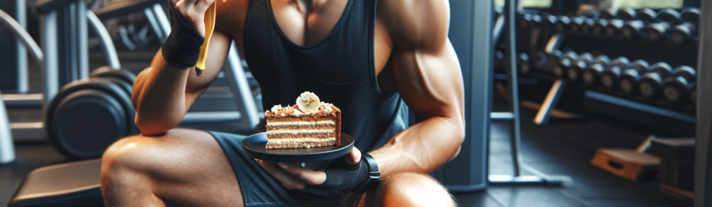 entrenador de gym comiendo queque de platano y avena en licuadora 